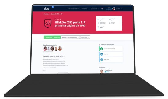 Notebook com a página do curso HTML5 e CSS3 da Alura aberta   