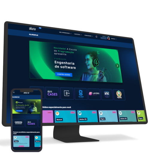 Alura+ aberto em um computador e celular
